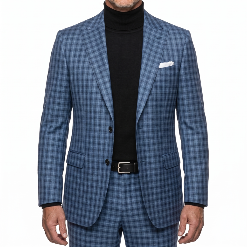 F05-Balani-Custom-Suit-Teal-Blue-Check-Marzoni-600-617-1000 Man in a blue and light blue check suit and black turtle neck by Balani Custom Suits.