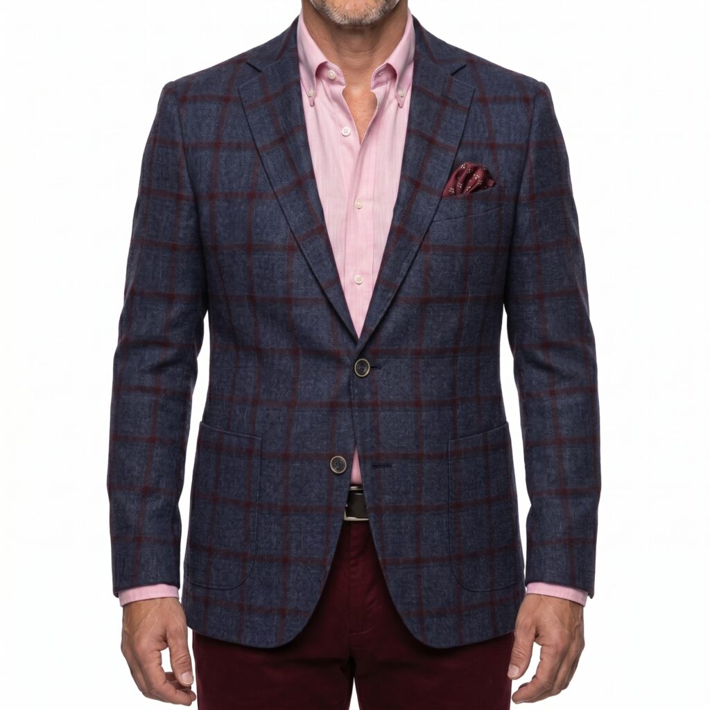 F13-Balani-Custom-Sport-Coat-Navy-Red-Windowpane-Marzoni-651-666-1200 Man in a navy with red windowpane sport coat by Balani Custom Suits.