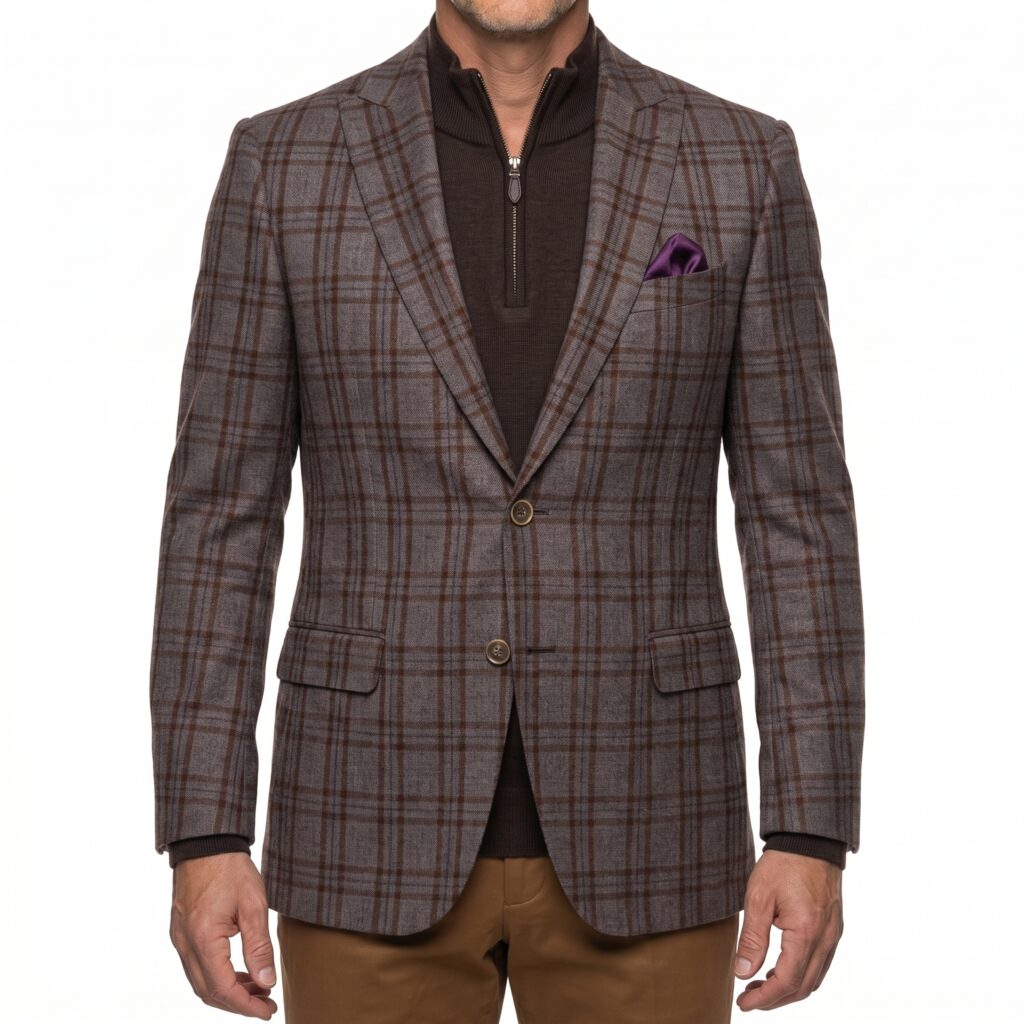 F15-Balani-Custom-Sport-Coat-Windowpane-Gray-Brown-Marzoni-651-652-1200 Man in a brown and gray plaid sport coat and brown custom quarter-zip sweater by Balani Custom Suits.
