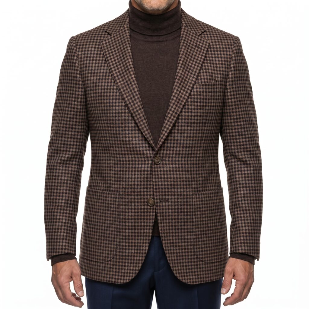 F16-Balani-Custom-Sport-Coat-Brown-Navy-Check-Marzoni-651-612-1200 Man in a brown and navy check sport coat and brown custom turtleneck sweater by Balani Custom Suits.