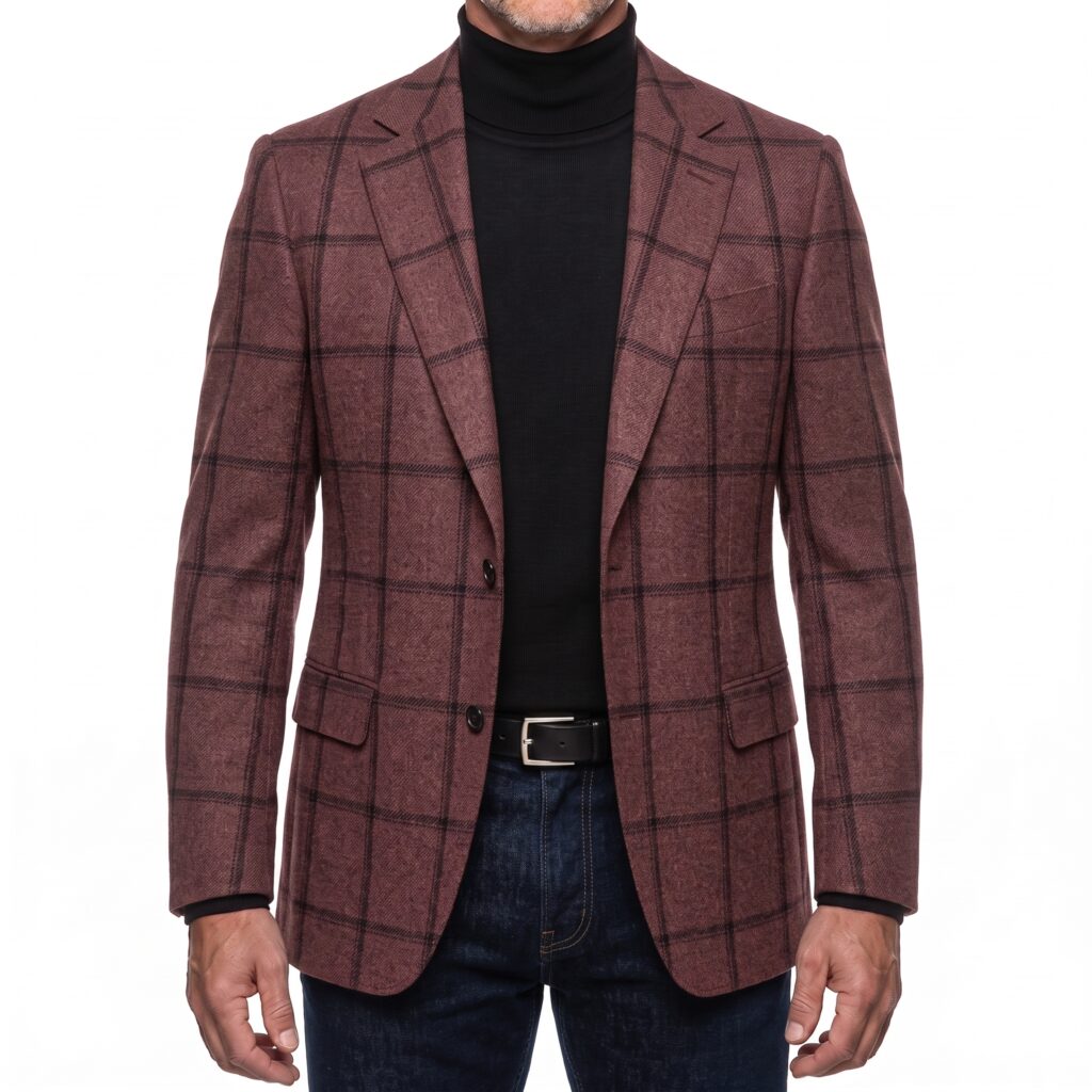 F17-Balani-Custom-Suit-Red-Brick-Windowpane-Sport-Coat-Loro-Piana-N786023 Man in a red brick windowpane sport coat by Balani Custom Suits.