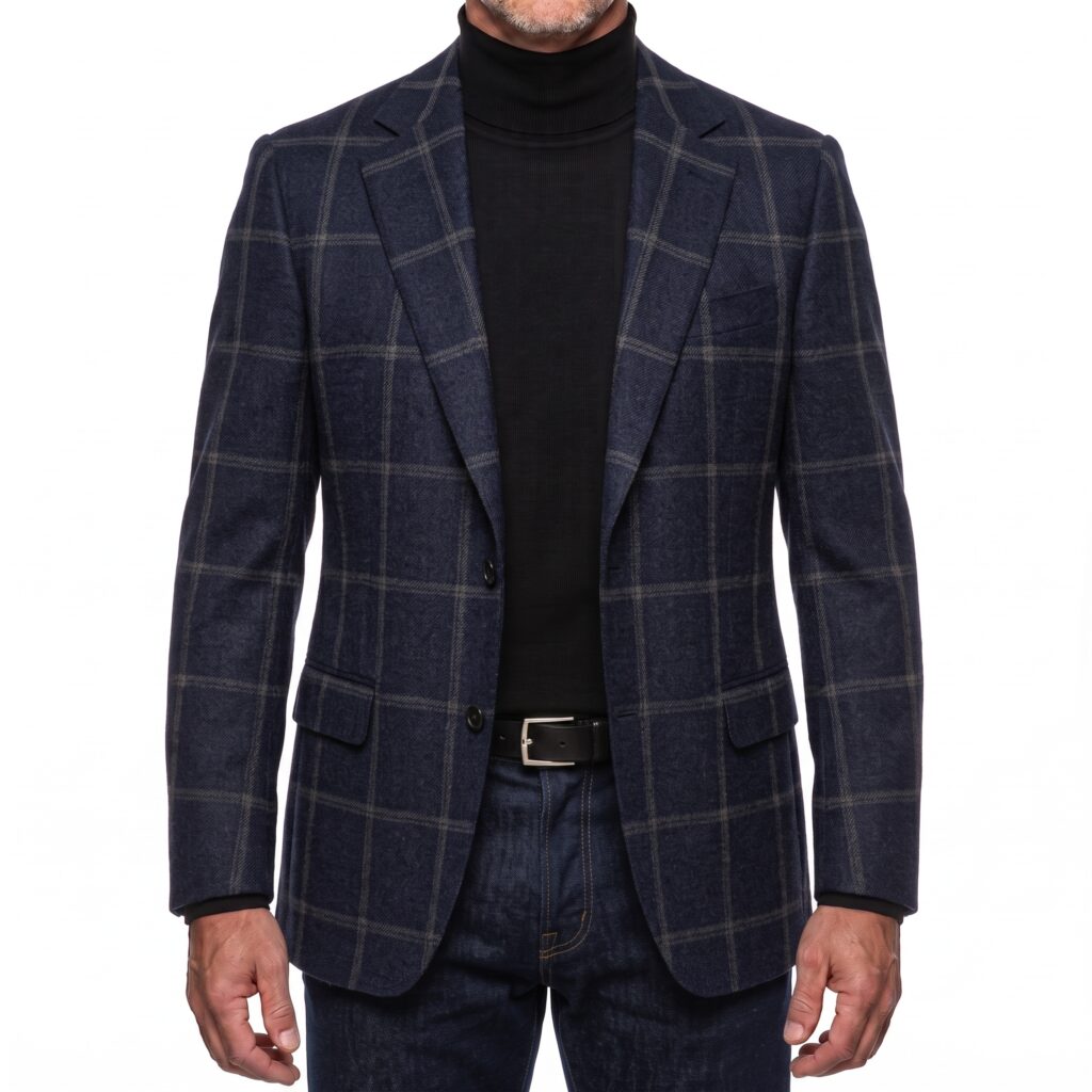 F18-Balani-Custom-Suit-Denim-Blue-Windowpane-Sport-Coat-Loro-Piana-N786024 Man in a denim blue windowpane sport coat by Balani Custom Suits.