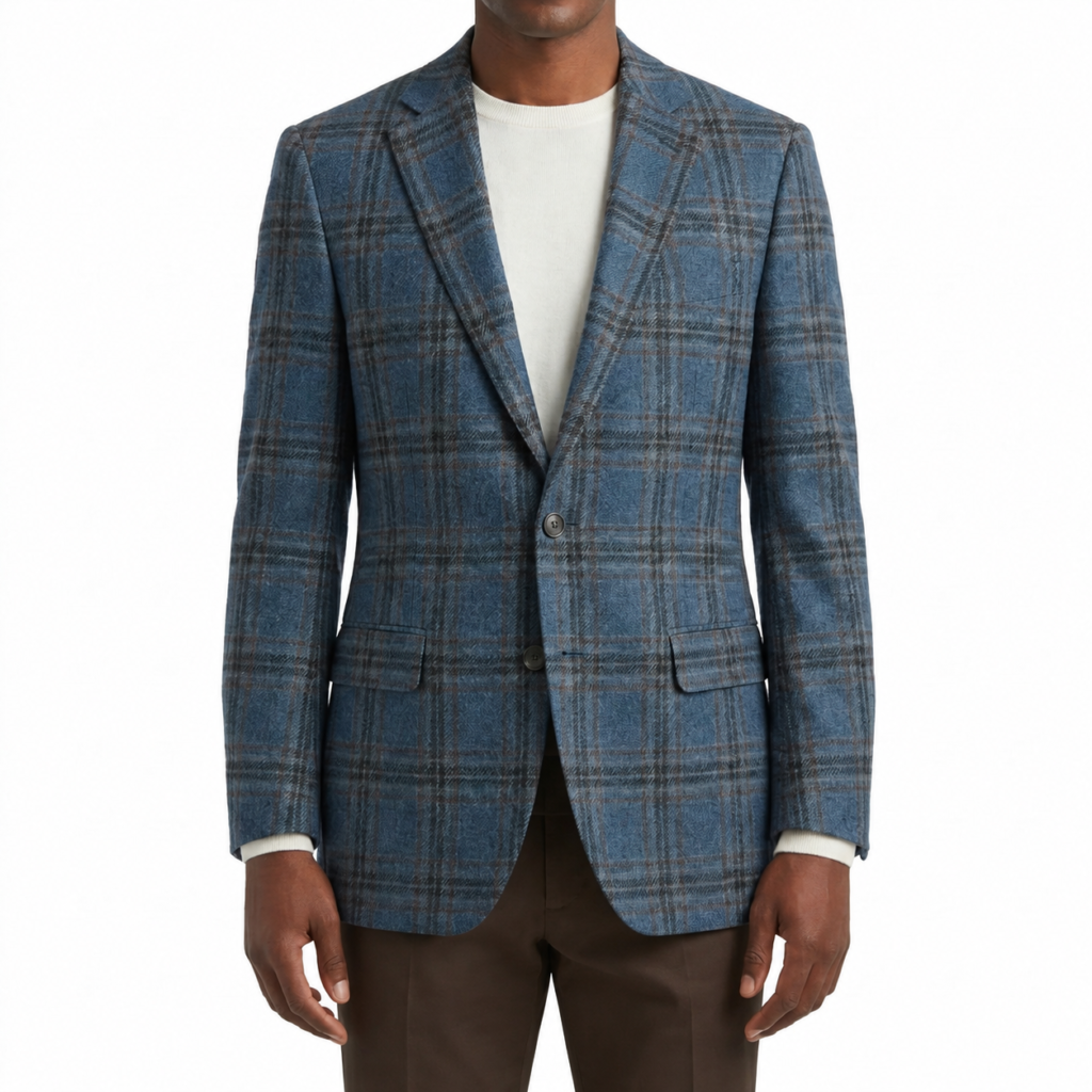 F19-Balani-Custom-Suits-Blue-Brown-Plaid-Sport-Coat-Loro-Piana-N786026. Man in a blue with brown plaid sport coat by Balani Custom Suits.