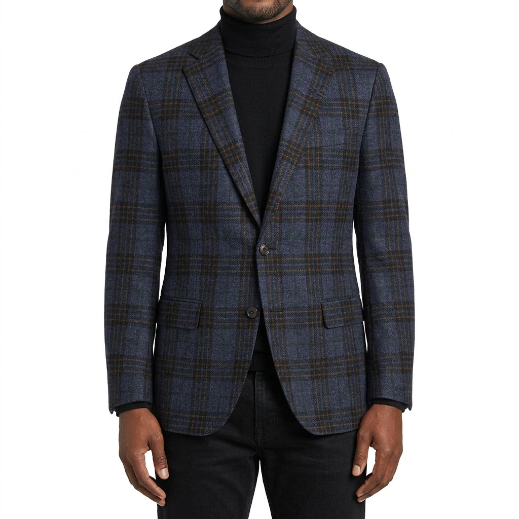 F20-Balani-Custom-Suits-Sport-Coat-Navy-Brown-Plaid-Loro-Piana-N786027 Man in a navy sport coat with rust plaid by Balani Custom Suits.