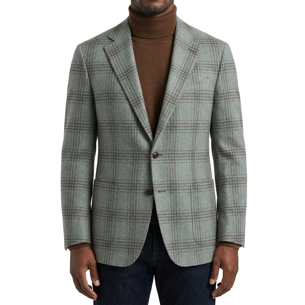 F21-Balani-Custom-Sage-Brown-Plaid-Sport-Coat-Loro-Piana-N786032 Man in a light sage sport coat with brown plaid by Balani Custom Suits.