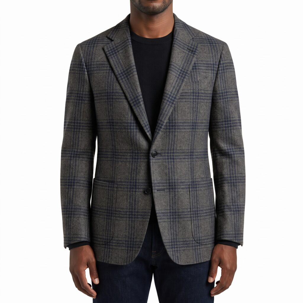 F22-Balani-Custom-Charcoal-Navy-Plaid-Sport-Coat-Loro-Piana-N786033 Man in a gray sport coat with navy plaid by Balani Custom Suits.