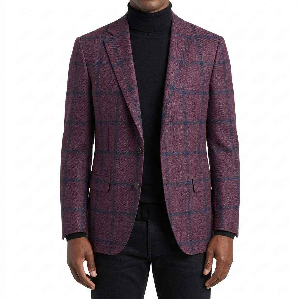 F23-Balani-Custom-Sport-Coat-Plum-Blue-Oversized-Windowpane-Loro-Piana-N786010 Man in a plum with oversized blue windowpane sport coat and black custom turtleneck sweater by Balani Custom Suits.
