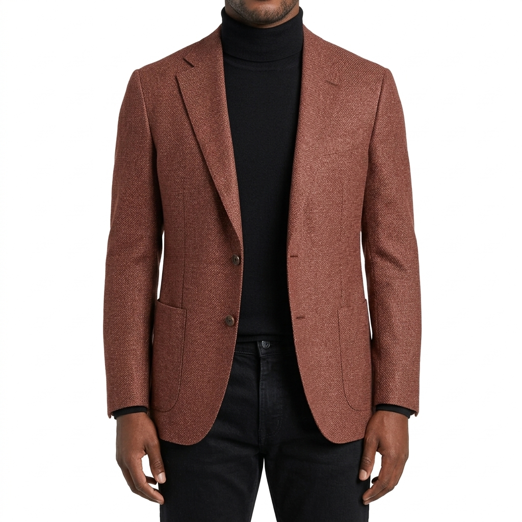 F24-Balani-Custom-Rust-Sport-Coat-Loro-Piana-N786012 Man in a rust solid sport coat and black custom turtleneck sweater by Balani Custom Suits.