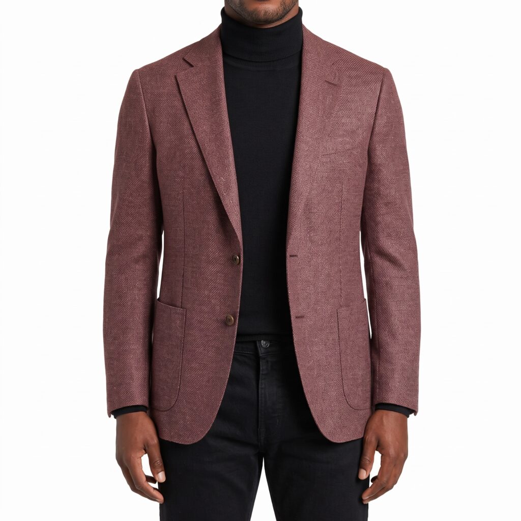 F25-Balani-Custom-Muted-Mauve-Sport-Coat-Loro-Piana-N786013 Man in a muted mauve solid sport coat and black custom turtleneck sweater by Balani Custom Suits.