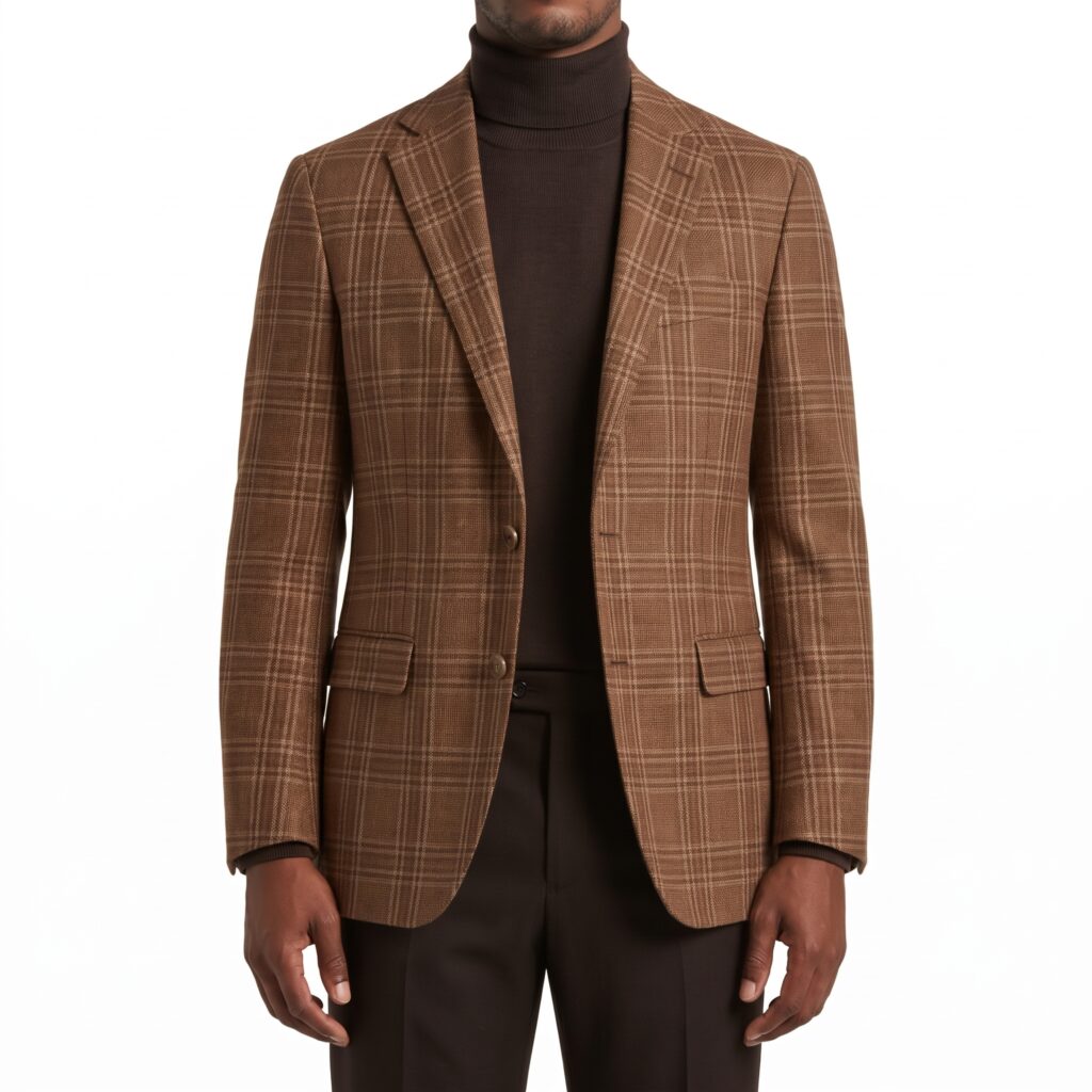 F26-Balani-Custom-Sport-Coat-Caramel-Plaid-Scabal-706554 Man in a caramel plaid sport coat and brown custom turtleneck sweater by Balani Custom Suits.